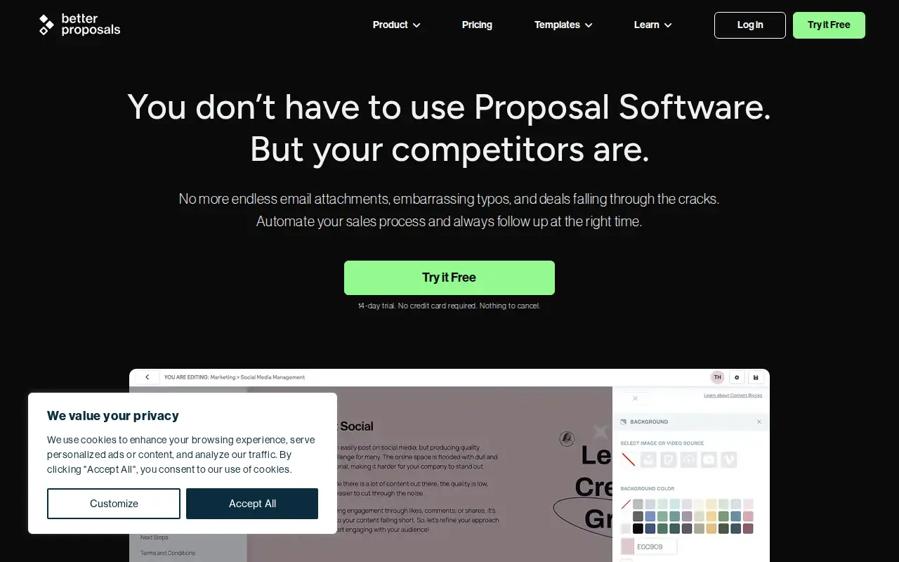 Screenshot of the Better Proposals website